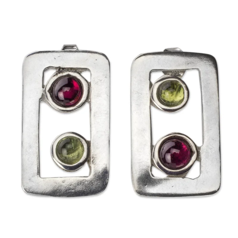 Handmade Sterling Silver 'Adrift' Peridot Garnet Earrings (Mexico)