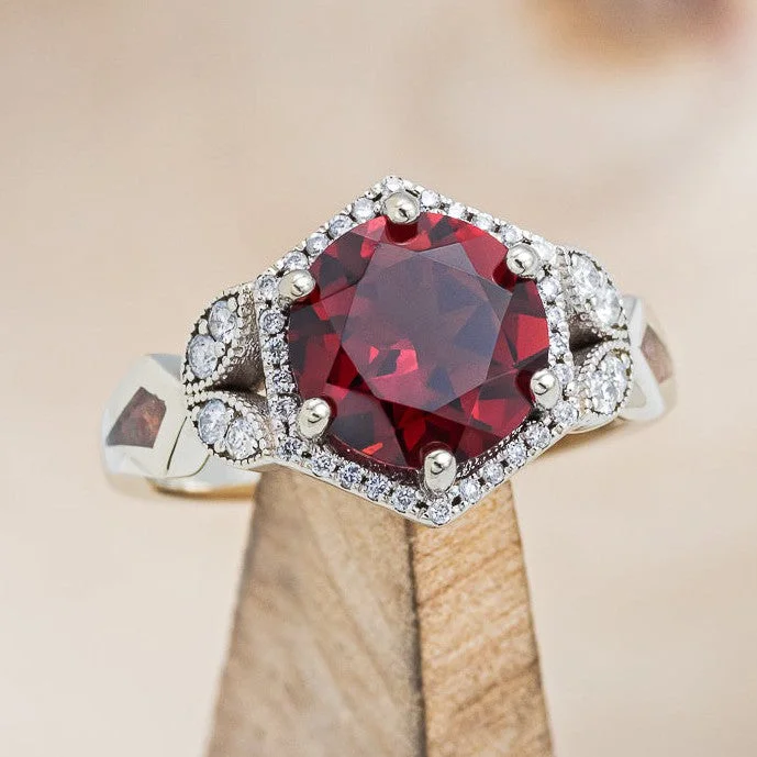 "LUCY IN THE SKY" - ROUND CUT GARNET ENGAGEMENT RING WITH DIAMOND ACCENTS & RED OPAL INLAYS