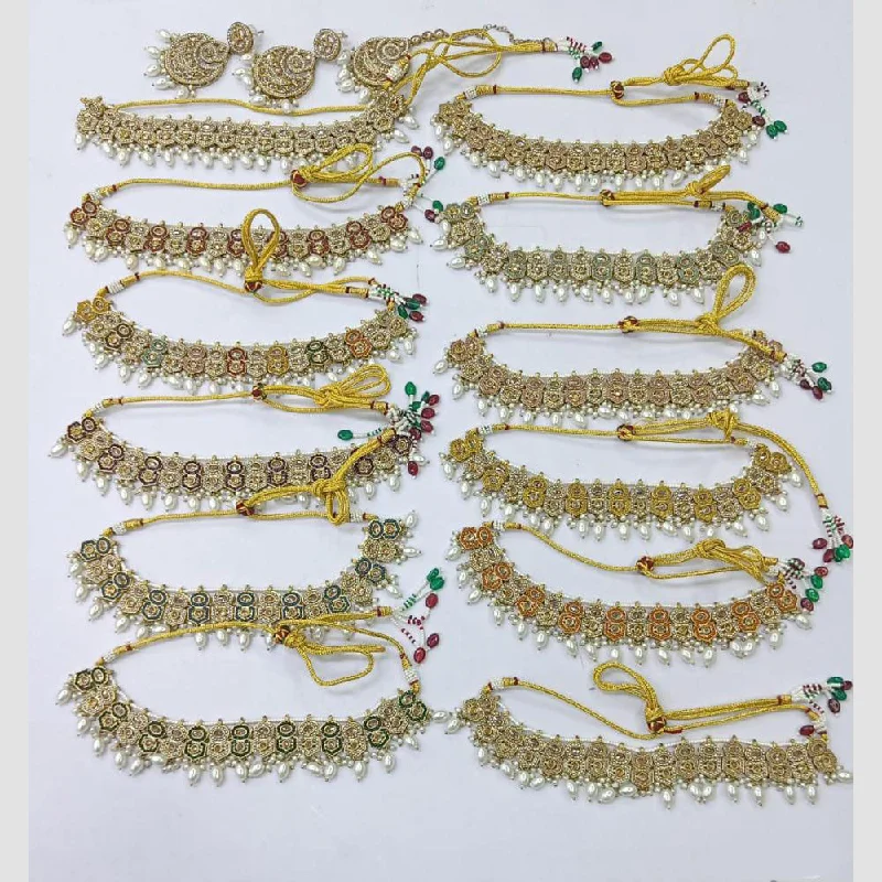 Rani Sati Jewels Gold Plated Crystal Stone And Pearls Choker Necklace Set