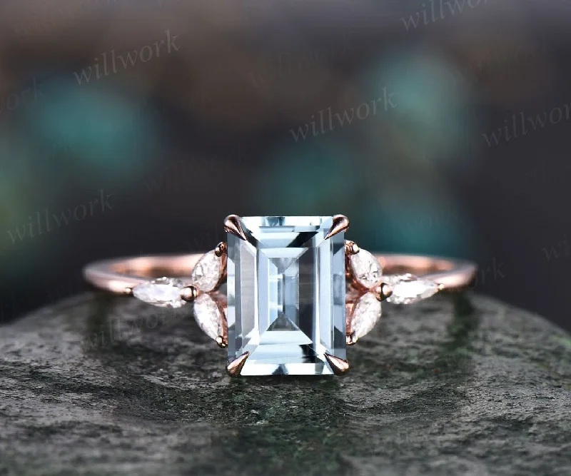 Emerald cut aquamarine engagement ring vintage aquamarine ring rose gold for women dainty custom ring pear moissanite ring promise ring gift