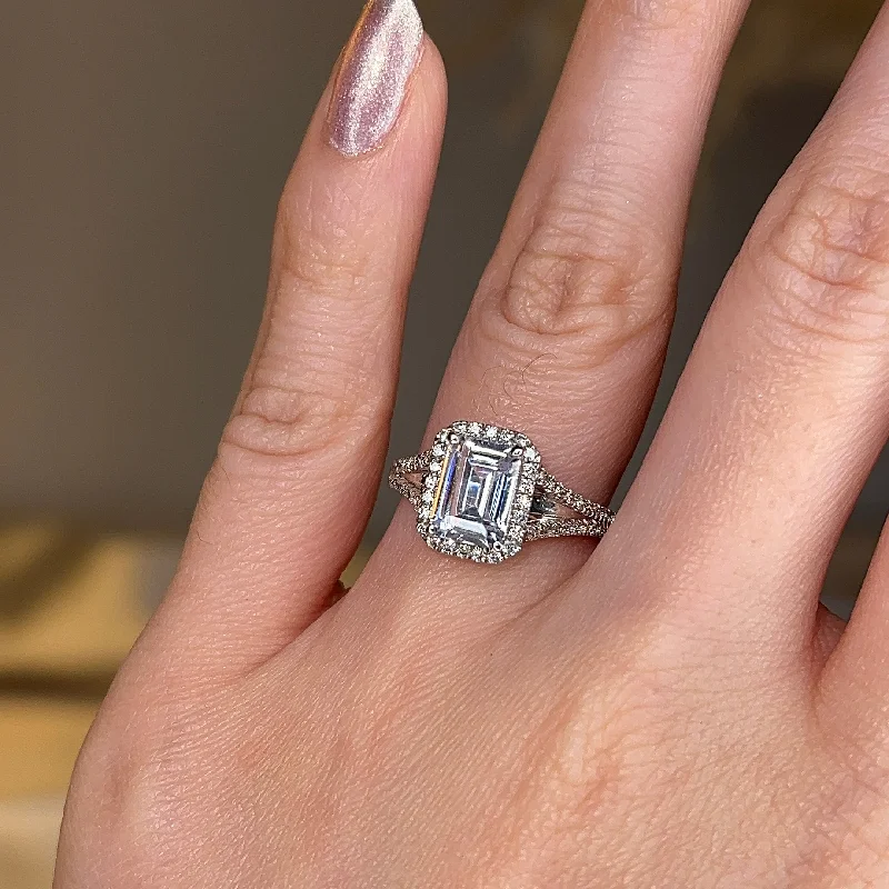 "Elora" Octagon Halo Emerald Cut Diamond Split Diamond Shoulder Engagement Ring HAEC08