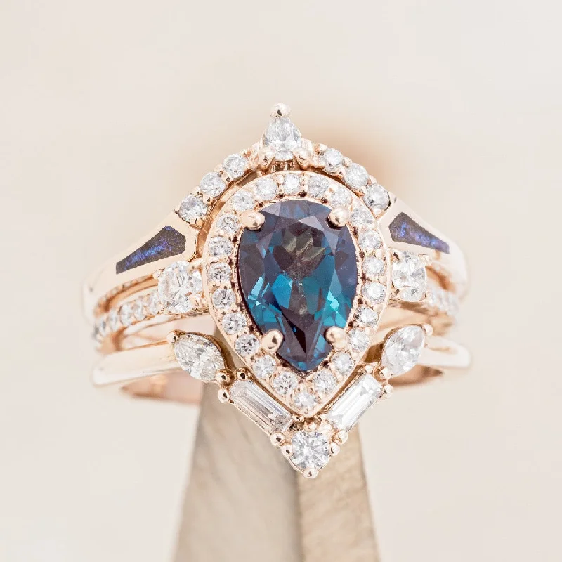 "KB" - BRIDAL SUITE - PEAR CUT LAB-GROWN ALEXANDRITE ENGAGEMENT RING WITH DIAMOND ACCENTS & TRACERS