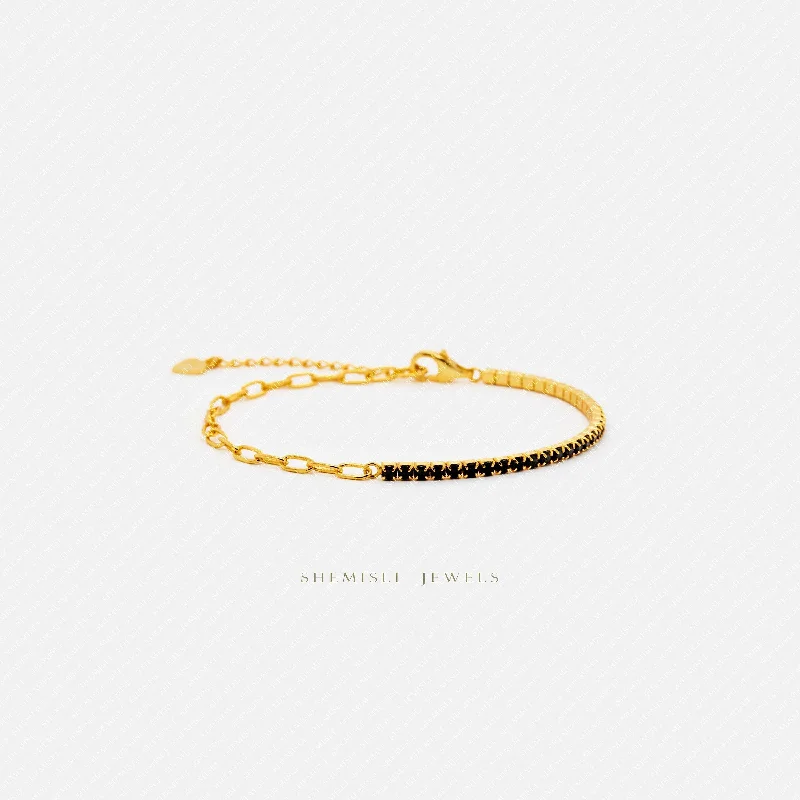 Tiny Paper clip Chain and Black Gem Links Bracelet, Silver or Gold Plated (6.25" + 1.25") SHEMISLI - SB007