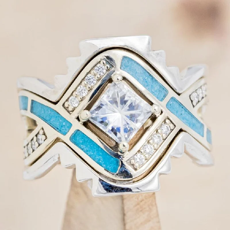 "HELIX" - BRIDAL SUITE - PRINCESS CUT MOISSANITE ENGAGEMENT RING WITH DIAMOND ACCENTS, TURQUOISE, & TRACERS