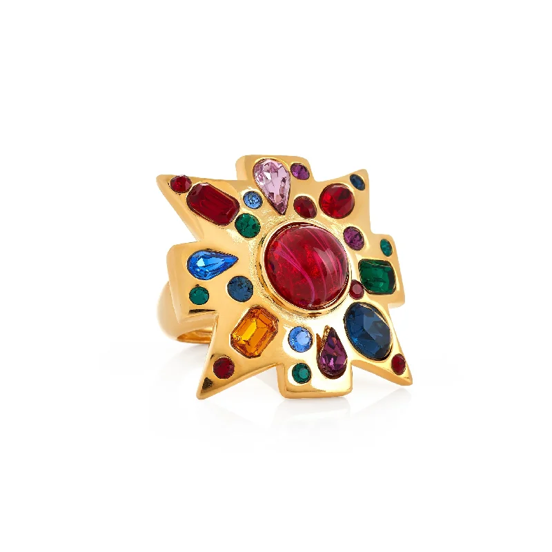 Gold Multi-Gem Maltese Cross Ring