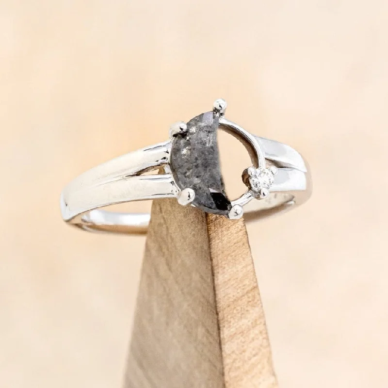 "NYX" - CRESCENT MOON SALT & PEPPER DIAMOND ENGAGEMENT RING WITH A SINGLE DIAMOND ACCENT