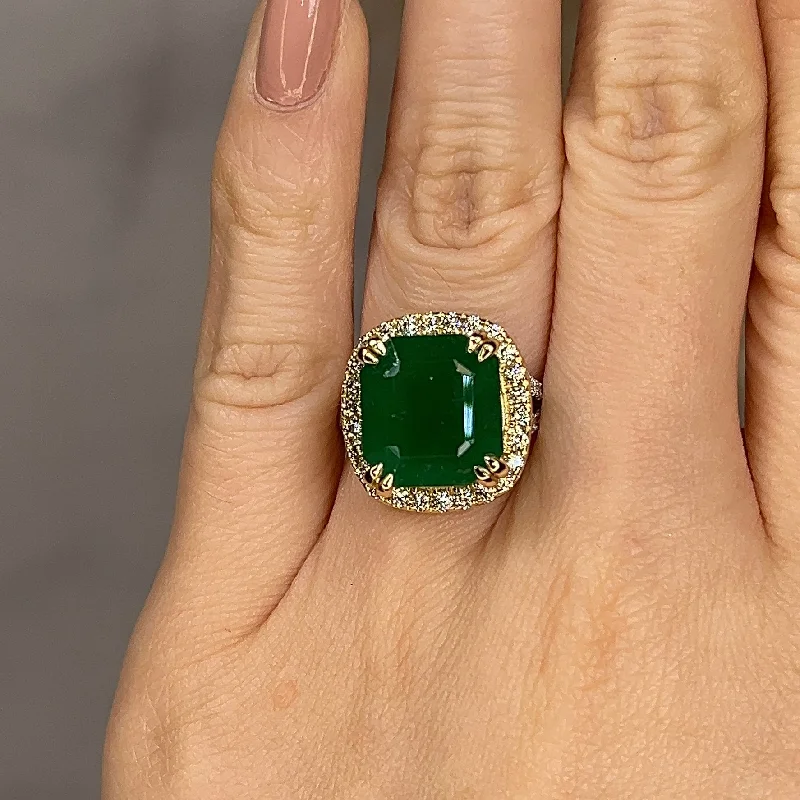 "Esme" Octagon 7.35 Carat Emerald Gem Halo Diamond Shoulder Ring