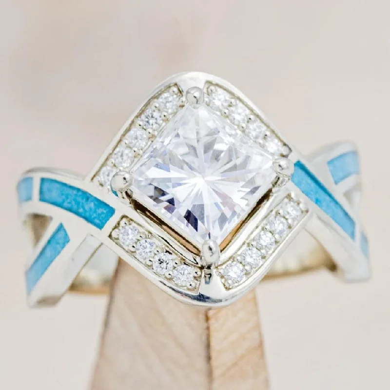 "HELIX" - PRINCESS CUT MOISSANITE ENGAGEMENT RING WITH DIAMOND HALO & TURQUOISE INLAYS