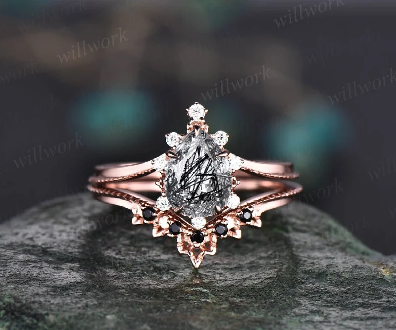 Unique pear shaped black rutilated quartz engagement ring set rose gold black diamond ring vintage moissanite anniversary ring set women