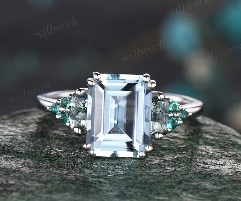 Emerald cut aquamarine engagement ring art deco emeralds ring twisted white gold promise wedding ring for women