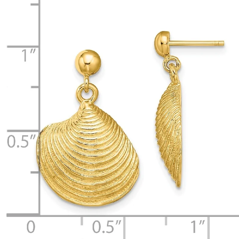 Diamond2Deal 14K Yellow Gold 2-D Textured and Clam Shell Dangle Earrings (L-23 mm, W-16.1 mm)