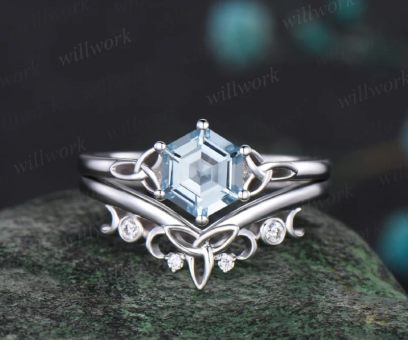 Unique Hexagon Cut March Birthstone Natural Aquamarine Engagement Ring Set 14k White Gold Moissanite Diamond Celtic Knot 2pcs Bridal Ring Set