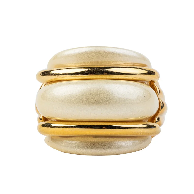 Gold and Pearl Double Ribbed Ring