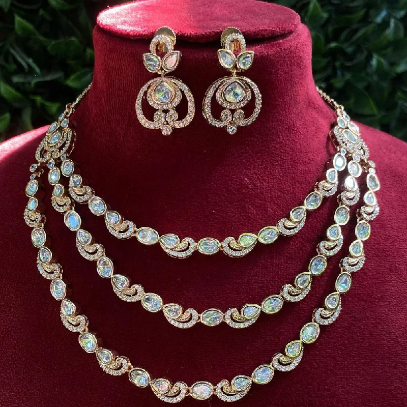 Royal Kundan Jewellery Gold Plated Polki Kundan Multi Layer Necklace Set