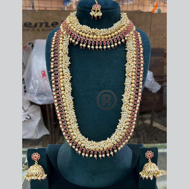 Manisha Jewellery Gold Plated Potal Stone And Pearls Double Necklace Set