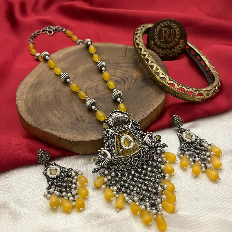 FS Collection Oxidised Plated Pota Stone And Beads Necklace Set