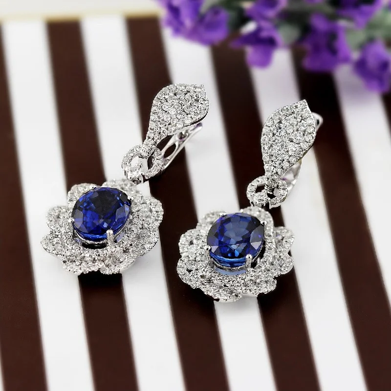 Auriya Fancy 8 1/2ct Royal Blue Sapphire Oval and 2 3/4ctw Halo Diamond Earrings 18K Gold