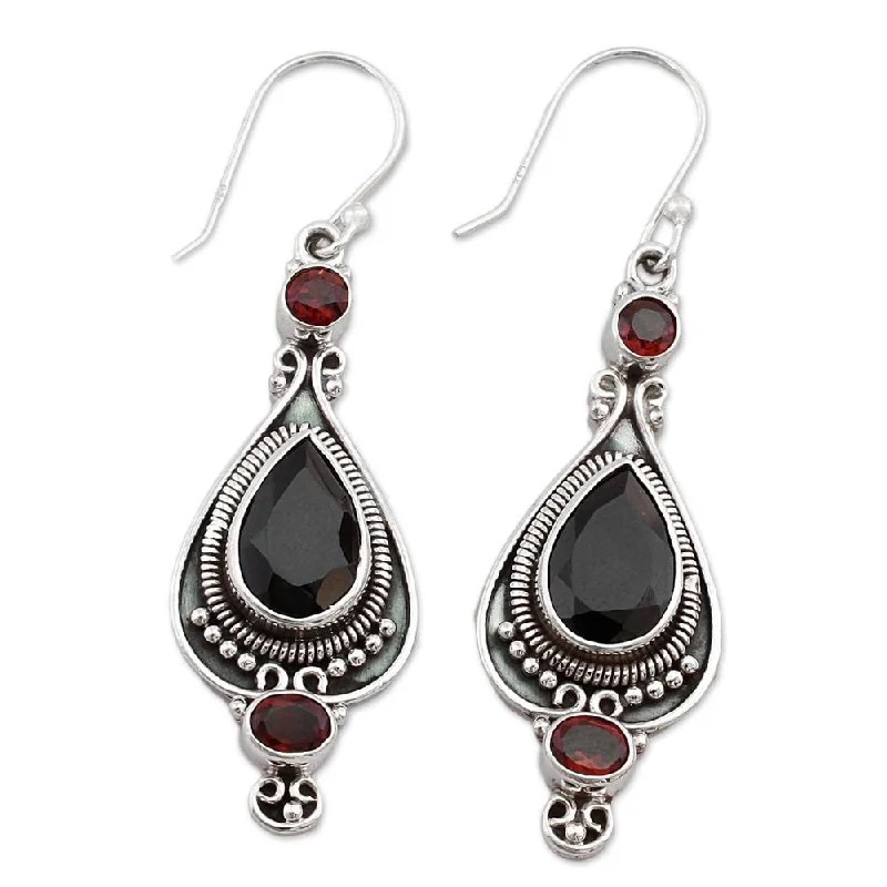 Sterling Silver 'Sparkling Midnight' Onyx Garnet Earrings