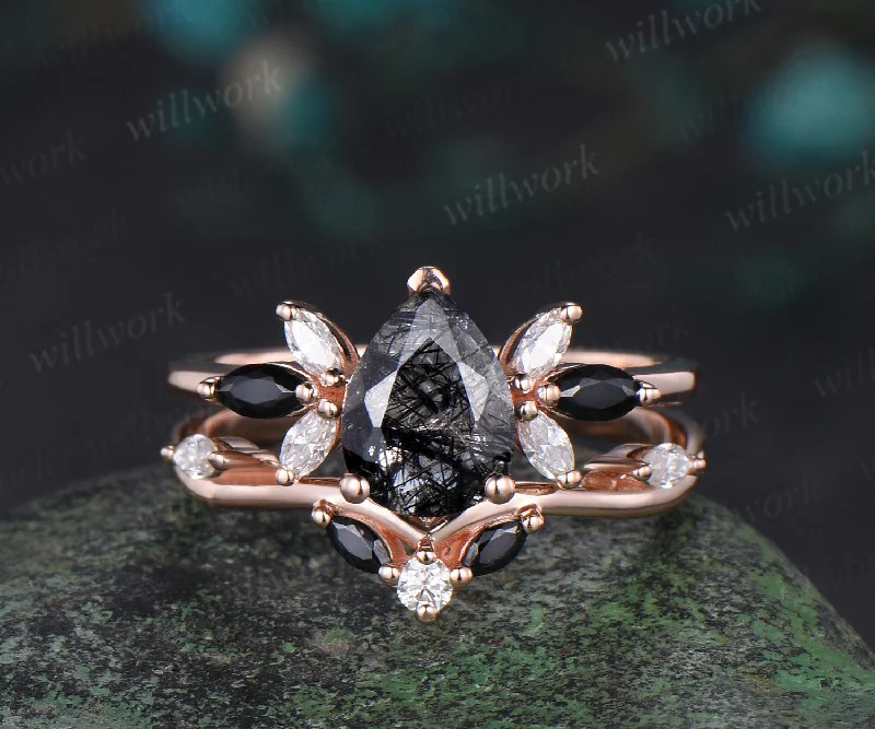 Pear black rutilated quartz engagement ring rose gold cluster diamond bridal anniversary ring set women