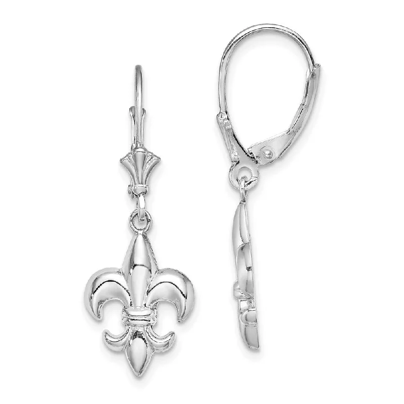 Diamond2Deal 14K White Gold Small Fleur-de-Lis Dangle Earrings (L- 33 mm, W- 11.5 mm)