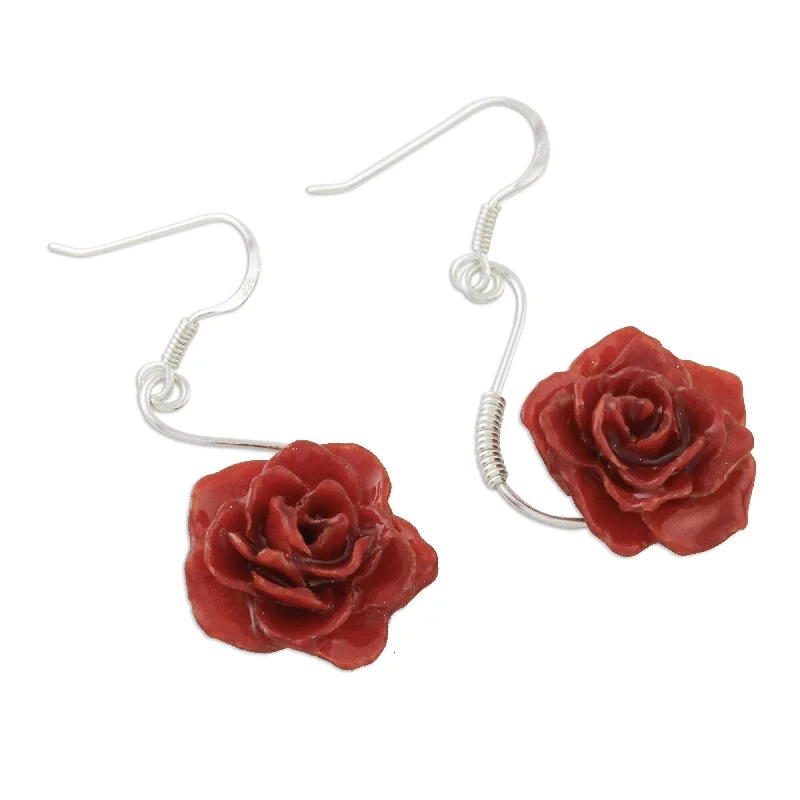 Sterling Silver 'Scarlet Romance' Natural Rose Earrings (Thailand)