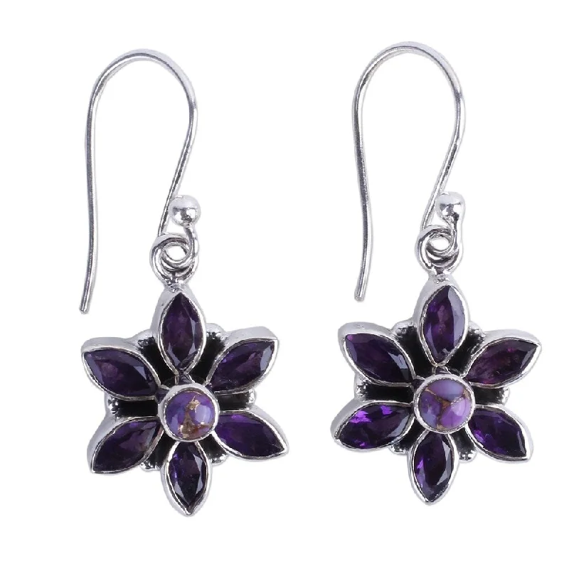 NOVICA Handmade Sterling Silver Dew-Kissed Violets Amethyst Turquoise Earrings (India) - 1.4*0.6