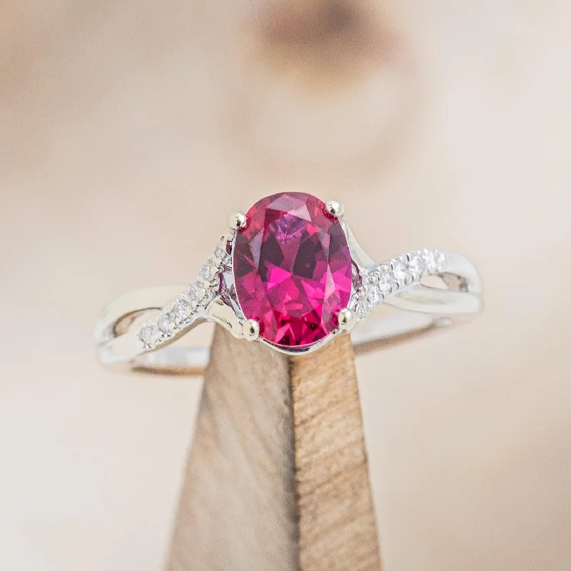 "ROSLYN" - OVAL CUT LAB-GROWN RUBY ENGAGEMENT RING WITH DIAMOND ACCENTS