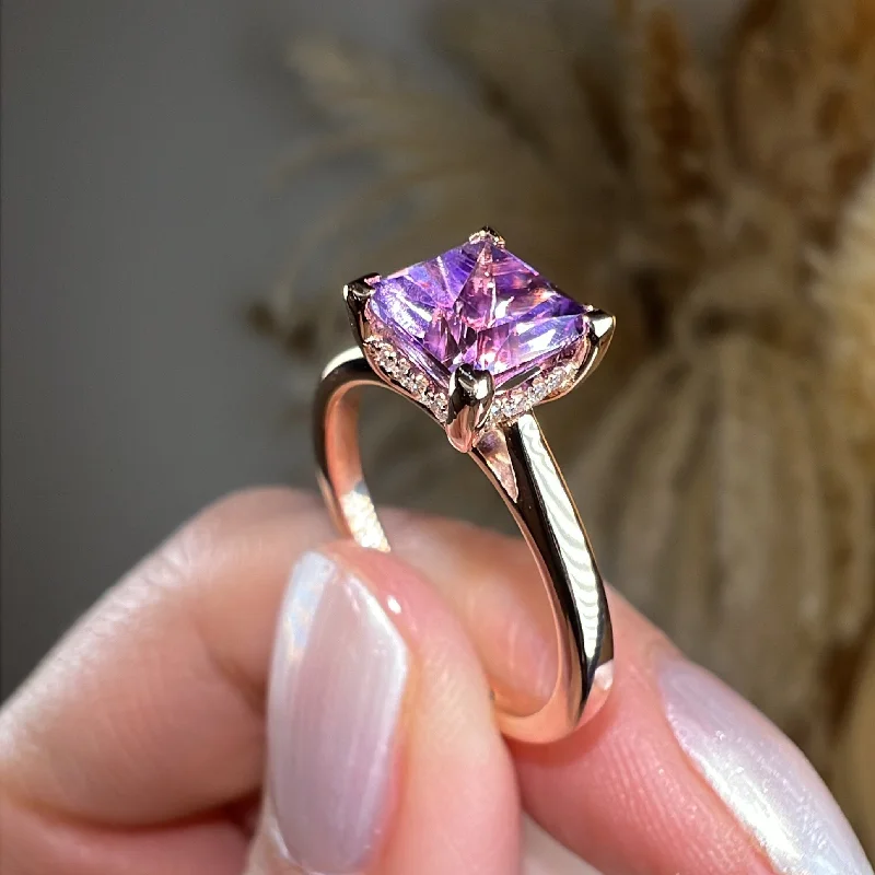 "Julie" Princess Cut Amethyst Under Halo Engagement Ring