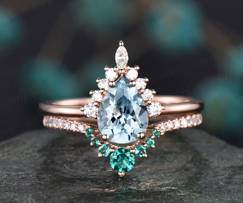 Vintage rose gold ring set emerald ring gold 2pcs teardrop aquamarine engagement ring moissanite ring March birthstone ring custom jewelry