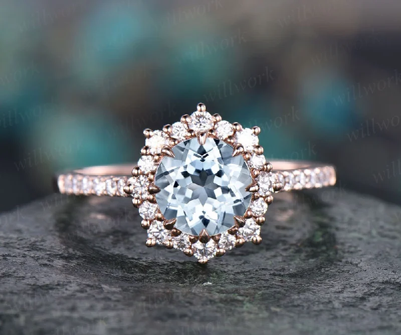 Vintage aquamarine engagement ring halo ring for women March birthstone ring eternity moissanite ring dainty jewelry wedding bridal ring