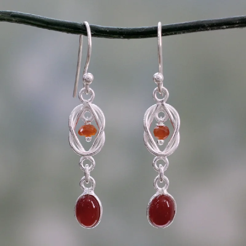 Handmade Sterling Silver 'Festive Red Knot' Onyx Earrings (India)