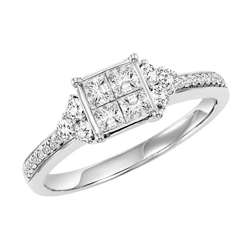 14K White Gold Diamond Engagement Ring 5/8 ctw - with Quad-Diamond Head