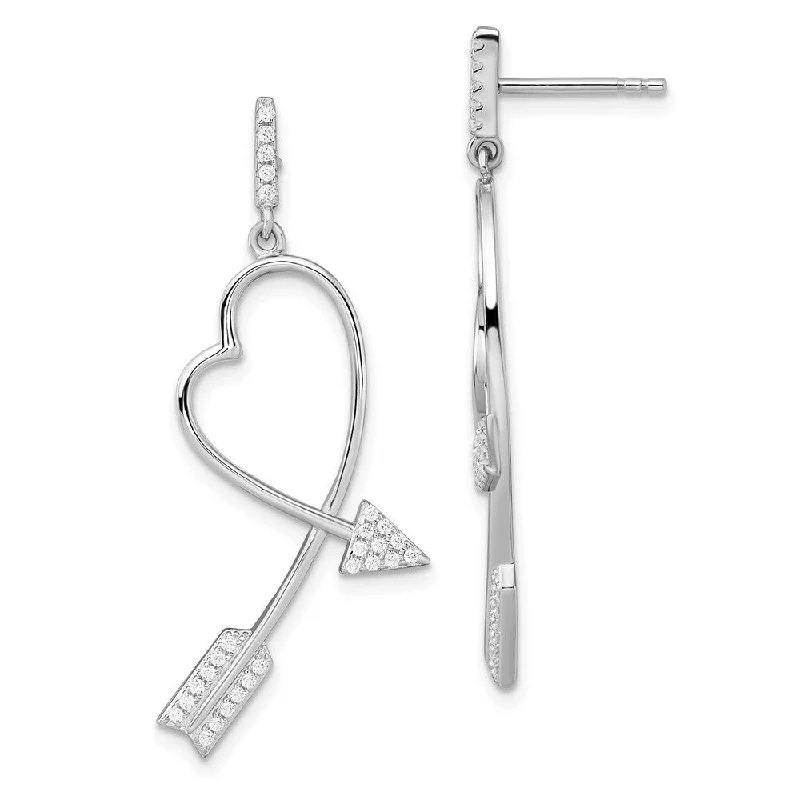 925 Sterling Silver CZ Brilliant Embers Arrow Heart Dangle Earrings