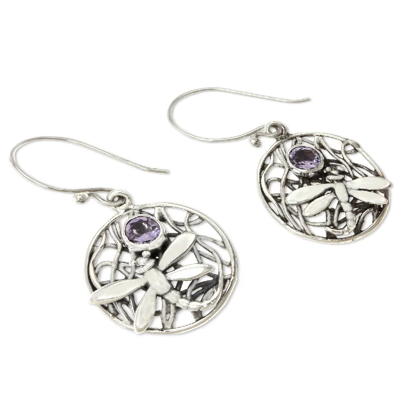 Sterling Silver Wild Dragonfly Amethyst Earrings (Indonesia)