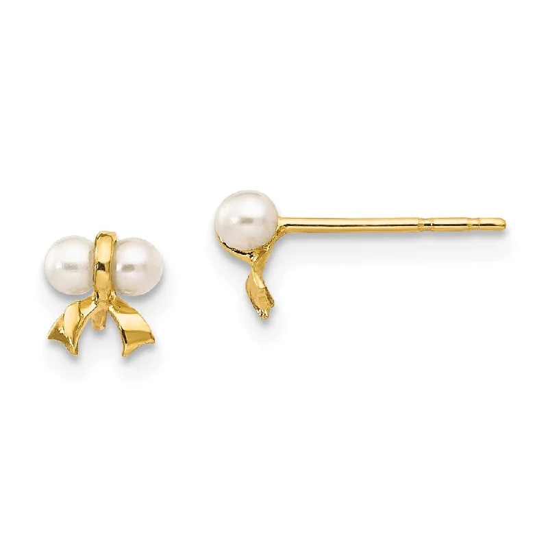 14k Yellow Gold Cultured Pearl Bow Stud Earrings (L-5 mm, W-6 mm)