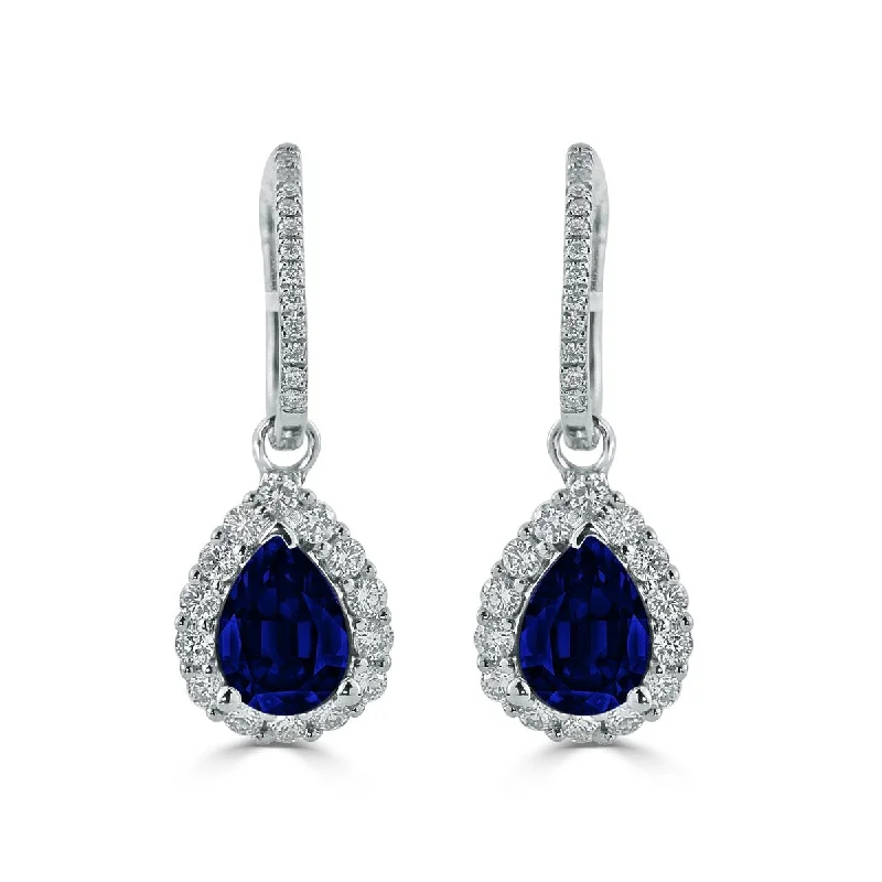 Auriya Fancy Teardrop 2 5/8ct Blue Sapphire and 5/8ct Diamond Halo Dangle Earrings 18k Gold