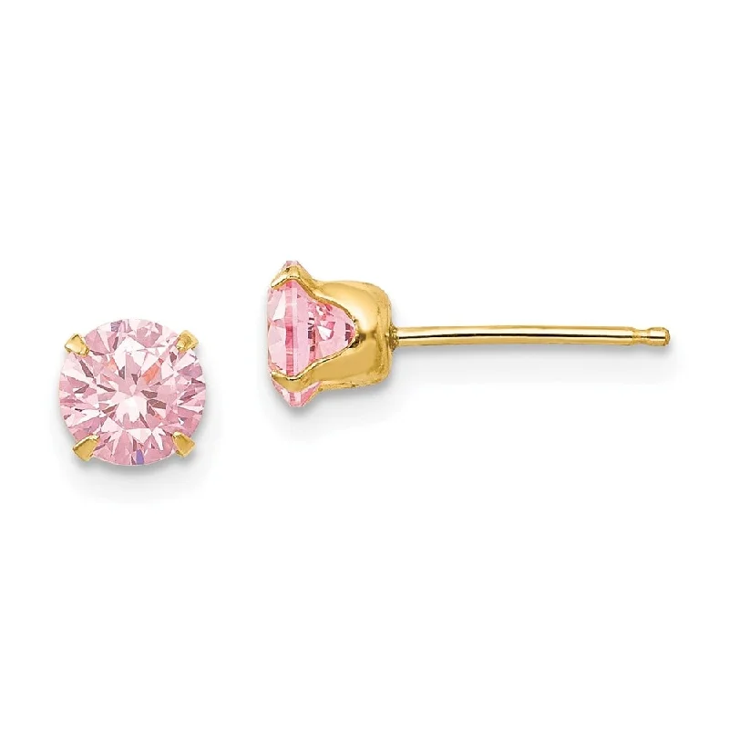 14k Yellow Gold Pink Cubic Zirconia Stud Earrings (L-5 mm, W-5 mm)