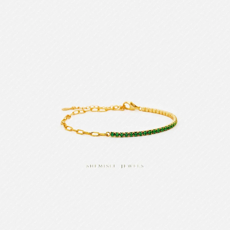 Tiny Paper Clip Chain and Emerald Gem Links Bracelet, Silver or Gold Plated (6.25" + 1.25") SHEMISLI - SB006