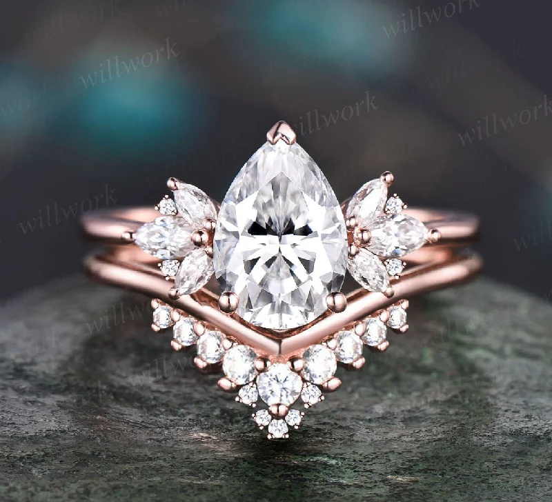 6x9mm Pear shaped moissanite engagement ring art deco 14k rose gold cluster diamond ring vintage unique wedding bridal ring set for women