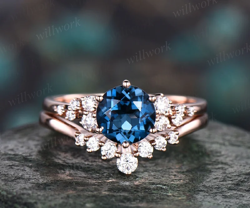 Unique round London blue topaz engagement ring set 14k rose gold moissanite wedding ring set topaz ring for women anniversary ring set gifts