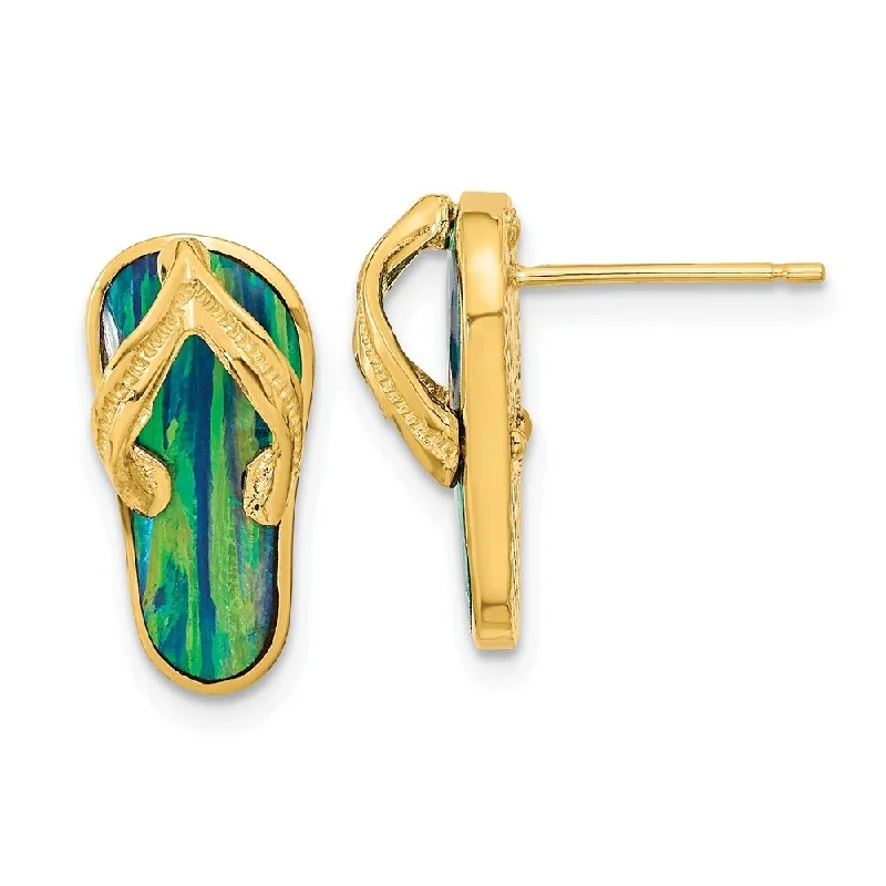 14k Yellow Gold Created Blue Gemstone Flip Flop Earrings (L-16 mm, W-8 mm)