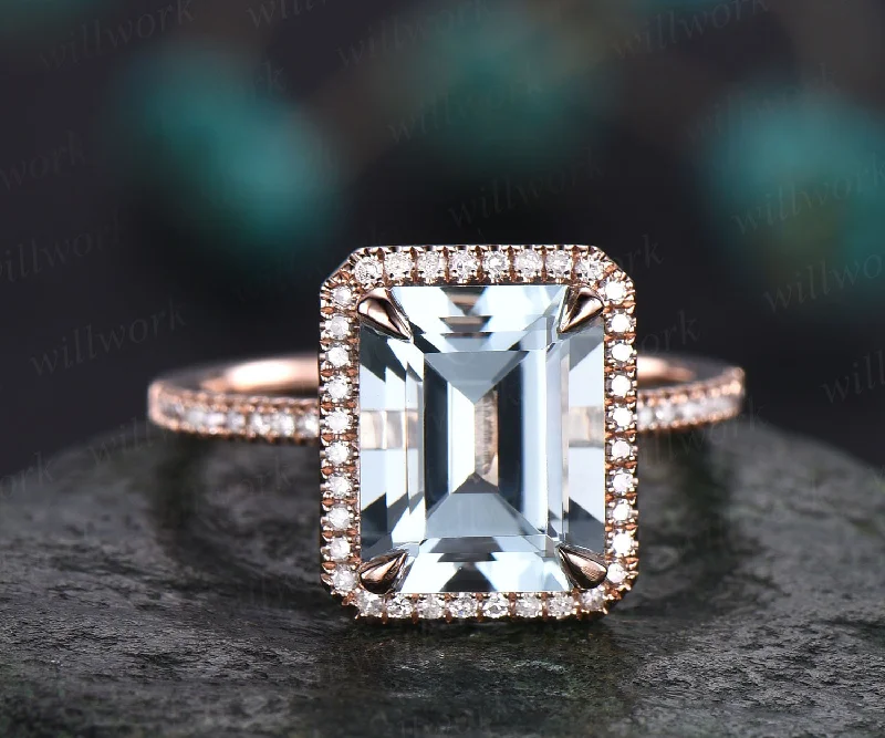 8x10mm emerald cut aquamarine engagement ring solid rose gold ring unique vintage diamond halo ring March birthstone ring custom jewelry