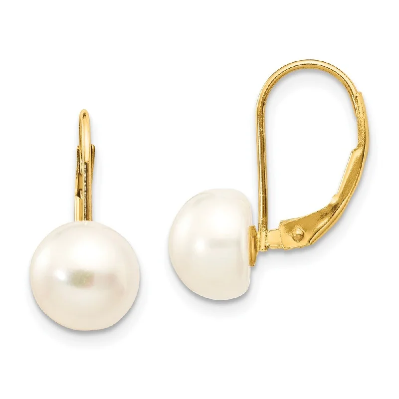 14k Yellow Gold Button Pearl Dangle Earrings w/ Leverback (L-19 mm, W-8.5 mm)