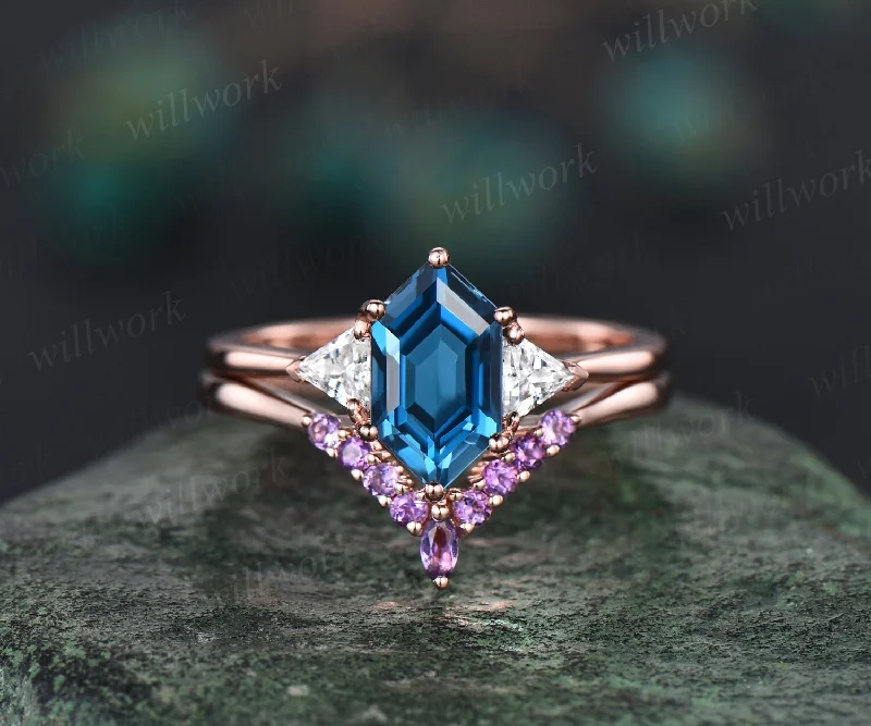 Long hexagon London blue topaz ring rose gold amethyst wedding ring Trilliant moissantie ring three stone engagement ring women crystal ring