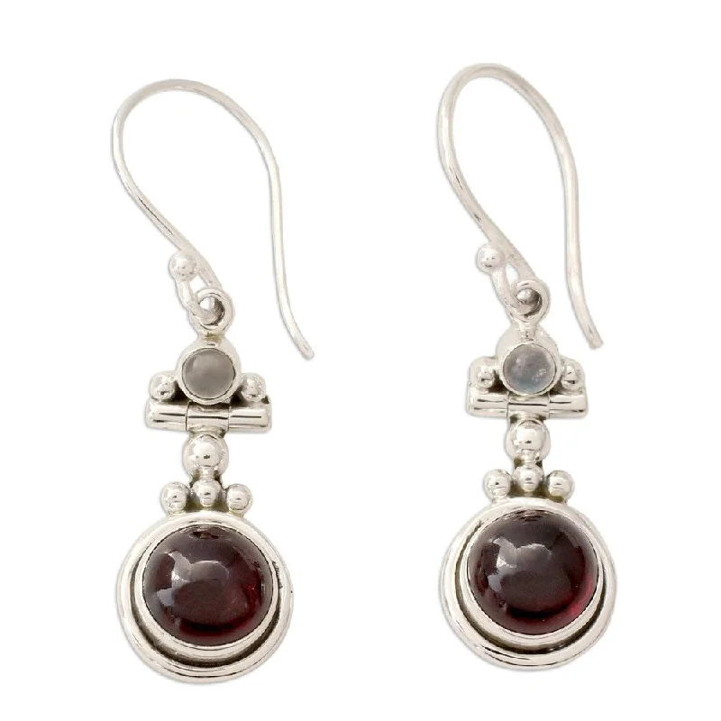 Handmade Sterling Silver Misty Moon Garnet Moonstone Earrings (India) - Red - 1.6*0.4