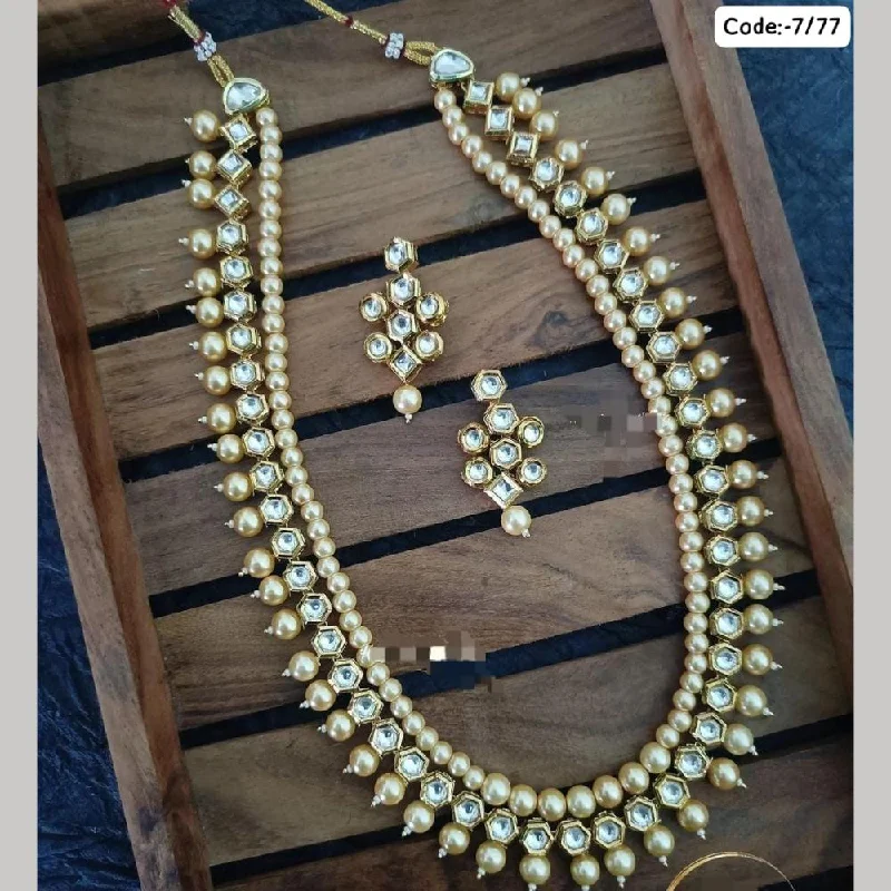 FS Collection Gold Plated  Kundan Stone And Pearls Long Necklace Set