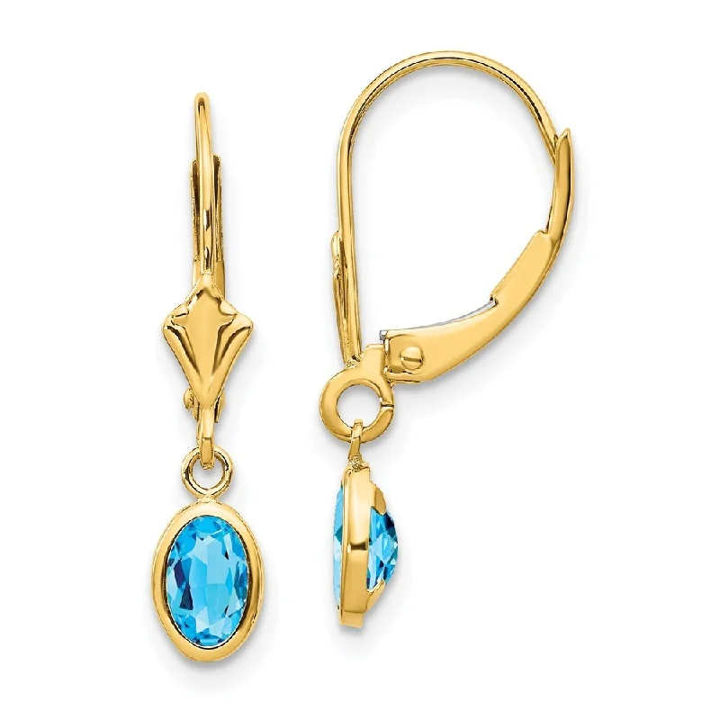 14k Yellow Gold Oval Bezel December Blue Gemstone Drop Earrings w/ Leverback (L-23 mm, W-4 mm)