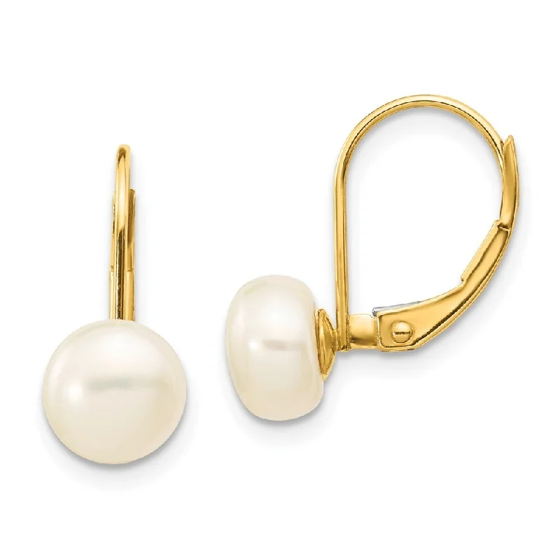 14k Yellow Gold Button Pearl Dangle Earrings w/ Leverback (L-19 mm, W-7.5 mm)