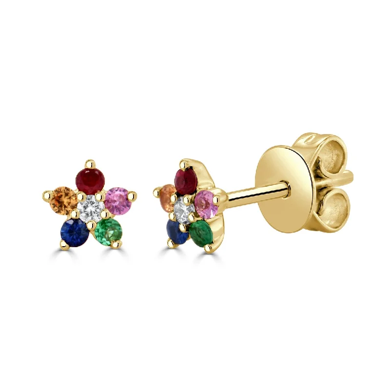 Joelle Flower Stud Earrings Multi Sapphire & Diamond 14K Gold