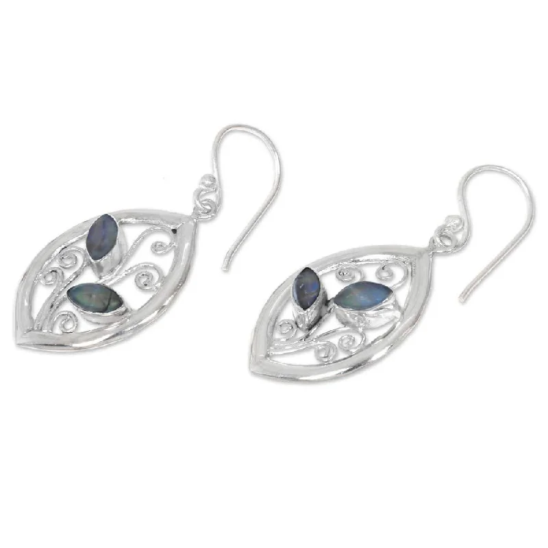 NOVICA Handmade Sterling Silver 'Paradise Leaves' Rainbow Moonstone Earrings (Indonesia) - 1.5*0.6